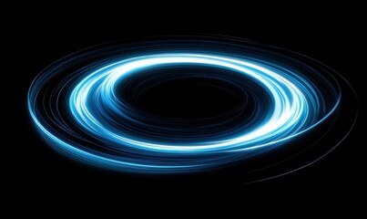 Obraz premium Abstract swirl of neon blue and white light trails against a black background, dynamic motion creating a futuristic and energetic effect