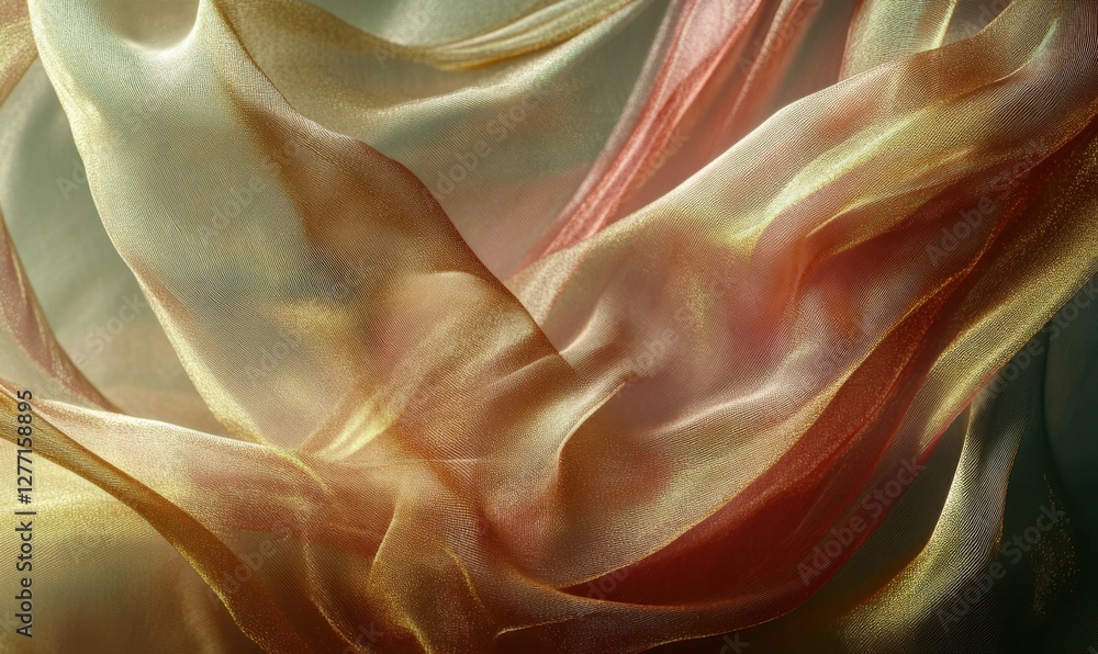 Poster abstract swirls of pink and gold fabric flowing dynamically, illuminated by soft light creating a lu