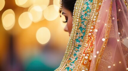 Naklejka premium Elegant bride in ornate traditional attire with vibrant colors