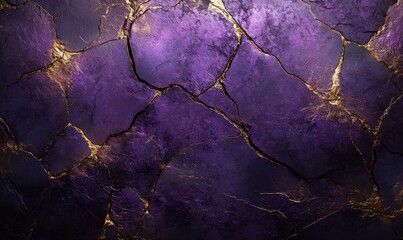Abstract textured surface in rich purple tones with subtle gold highlights and intricate cracks, illuminated by dramatic light,