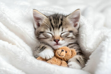 Obraz premium Sleeping Tabby Kitten Cuddling a Tiny Teddy Bear