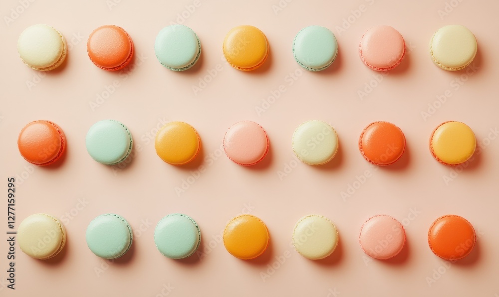 Poster artistic flat-lay of colorful macarons arranged in a neat grid on a pastel background, illuminated b