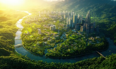 Fototapeta premium Aerial view of a futuristic city surrounded by lush green forests and rivers, with bright sunlight highlighting sustainable design. Vibrant tones evoke harmony,