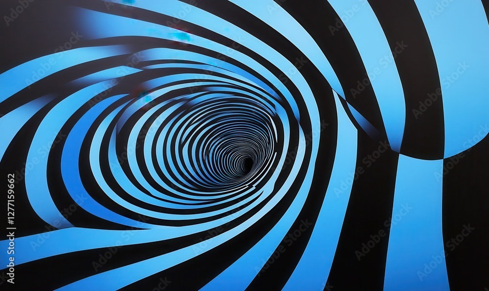 Poster an abstract design of blue and black curved lines creates a vortex or tunnel effect.