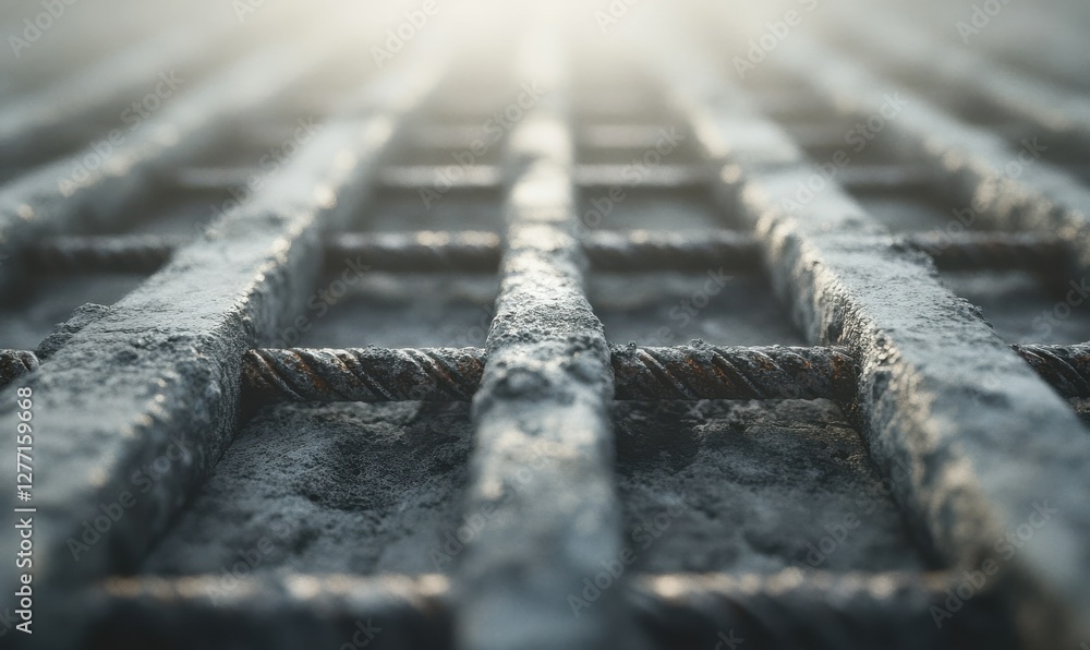 Poster aging concrete with visible rebar peeking through, highlighted by soft directional light. neutral to