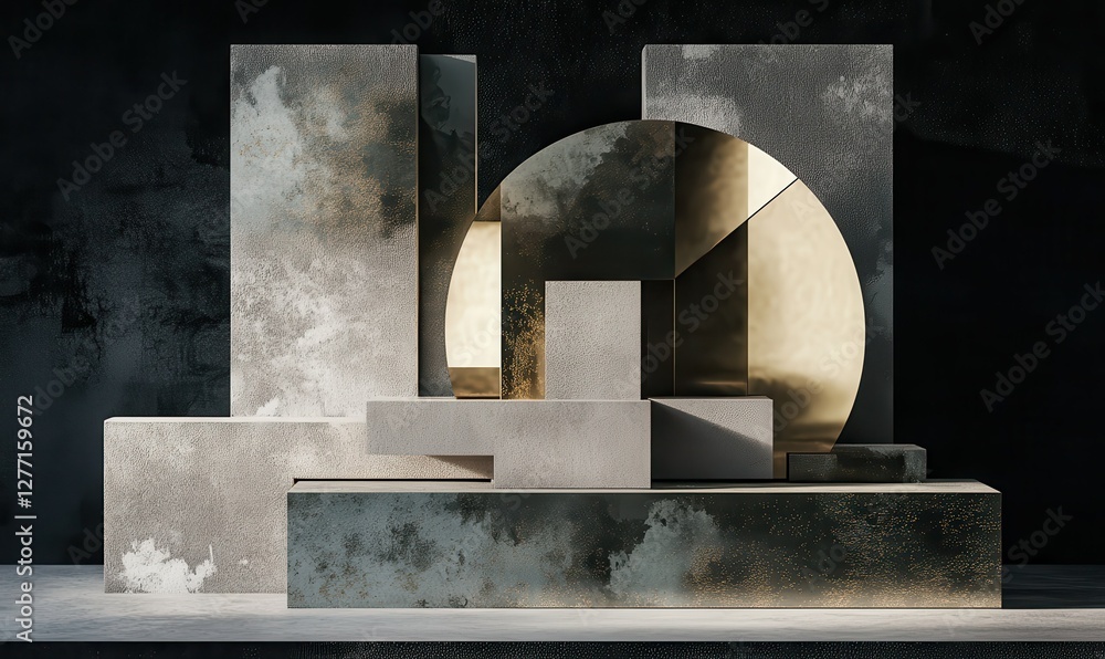 Poster an abstract 3d render with geometric blocks set against a dark background.