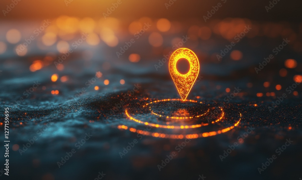 Poster artistic glowing location pin hovering over a smooth abstract surface, symbolizing digital precision