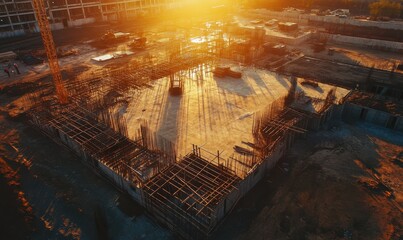 Aerial view of steel frames and concrete foundations at an expansive construction site during golden hour. Warm tones highlight progress,