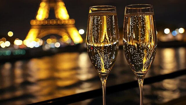 Close-up of champagne and macaroons on the background of the Eiffel Tower. Selective focus