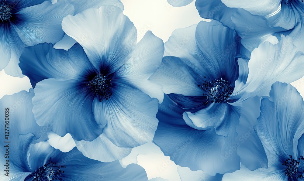 Poster artistic abstract pattern with dynamic blue floral shapes, soft textures and gradients creating a mo
