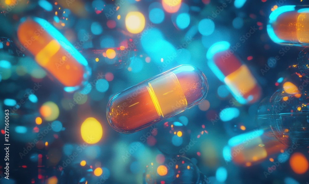Poster artistic rendering of glowing capsules floating in mid-air surrounded by soft digital patterns. futu