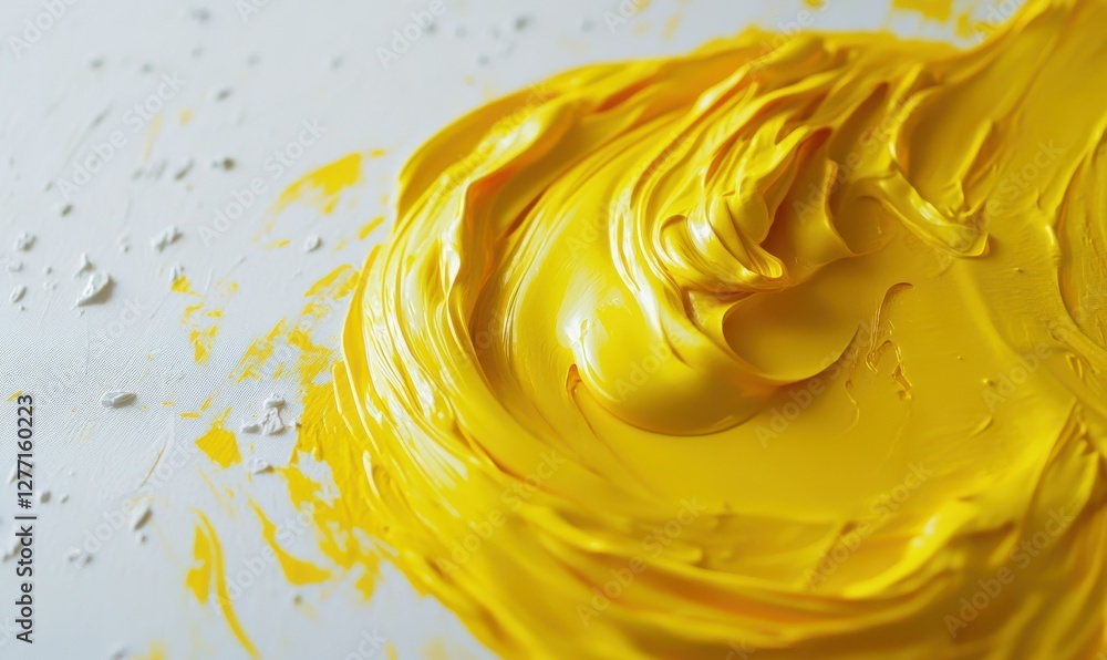 Poster artistic swirl of yellow paint on a clean white surface, soft lighting emphasizing its bold color an