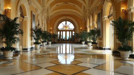 A grand hallway featuring elegant architecture and decorative plants.
