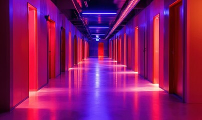 Atmospheric corridor illuminated by vibrant neon lights in shades of red and purple, soft glowing reflections creating a futuristic sci-fi vibe,