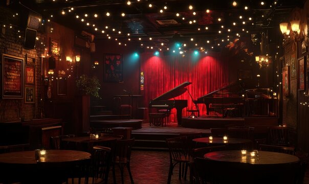 Atmospheric jazz club with dim lighting, intimate tables, and a stage set for a night of live music performances.