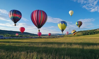 Naklejka premium Brightly colored balloons floating joyfully in an open field under a clear blue sky, evoking celebration and happiness