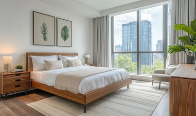 Contemporary bedroom with soft white bedding, wooden furniture, and floor-to-ceiling windows letting in bright natural light.