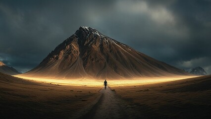 Lone Traveler Approaching Majestic Mountain