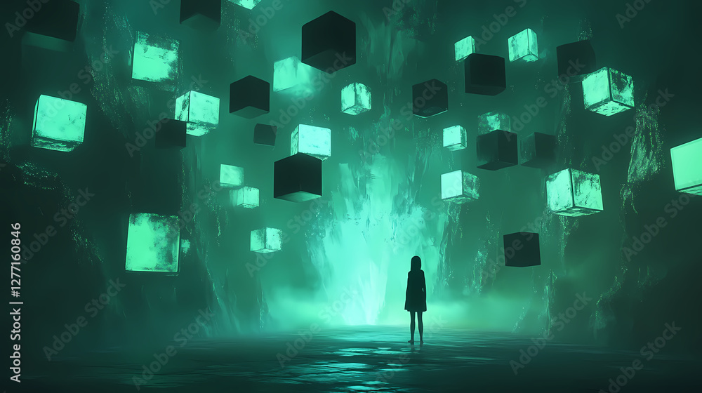 Poster lost in the cube cave: a lone figure stands at the threshold of a mysterious cave, illuminated by et