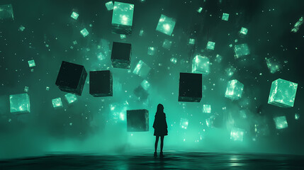Echoes of the Digital Dreamscape: A figure stands in awe, enveloped by a mesmerizing cascade of luminous, geometric cubes against a misty teal backdrop, evoking mystery and wonder.