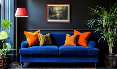 A modern living room with a blue sofa, orange cushions, and stylish decor against a dark wall, complemented by a vibrant indoor plant