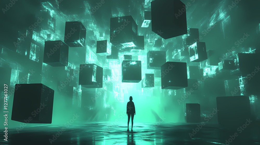 Poster digital world enigma: a solitary figure stands gazing upon a mesmerizing display of floating cubes i