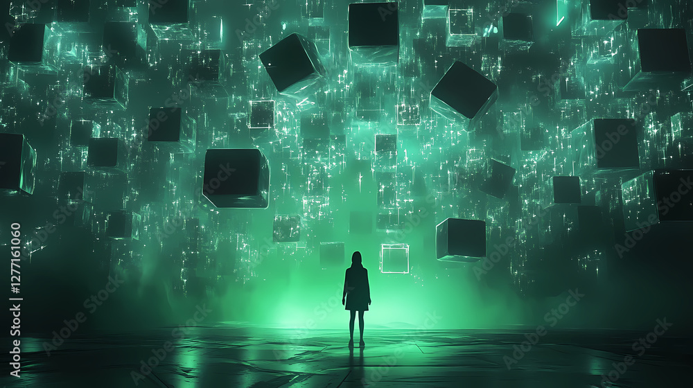 Poster navigating the digital realm: a solitary figure stands before a mesmerizing cascade of geometric for