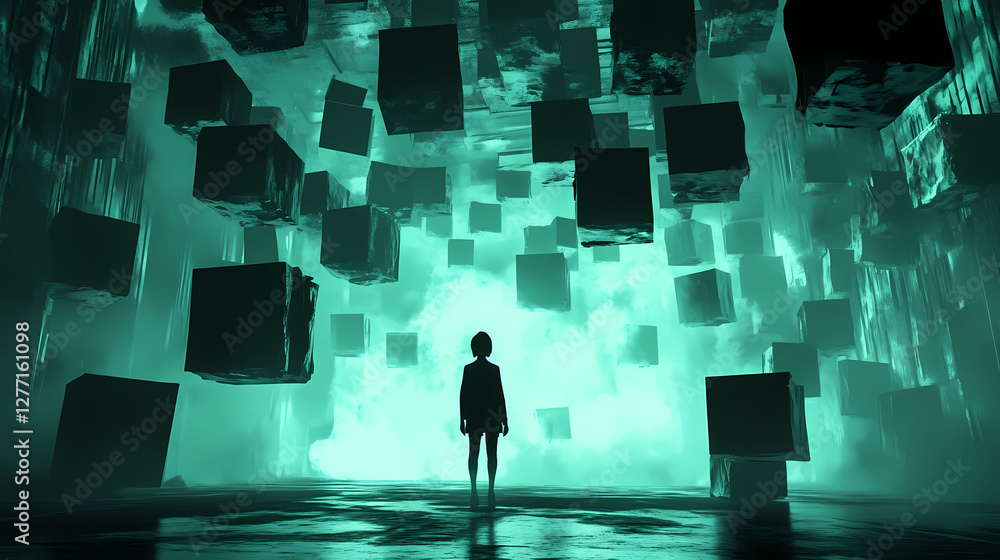 Poster whispers of the unknown: a solitary figure stands dwarfed amidst a surreal landscape of floating cub