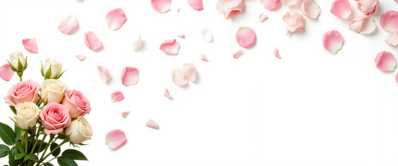 Obraz premium Bouquet of soft pink and cream roses with scattered petals creating an elegant floral arrangement representing romance and beauty in a minimalist style