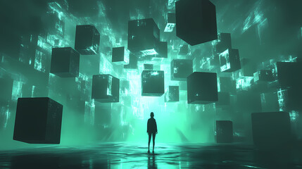 Digital World Enigma: A solitary figure stands gazing upon a mesmerizing display of floating cubes in an ethereal digital landscape, exuding mystery and technological advancement.