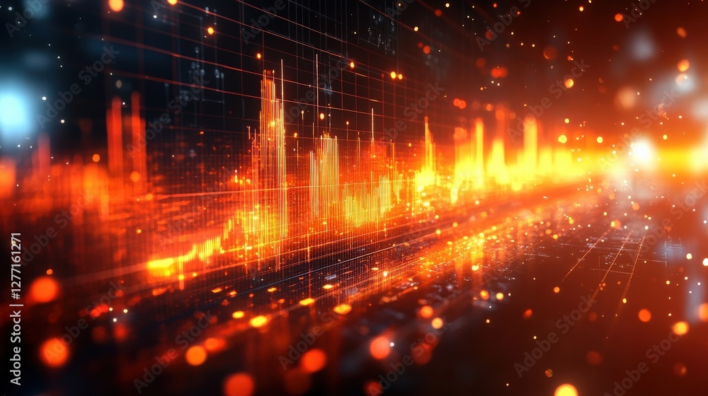 Poster abstract digital visualization of sound waves with glowing particles against a dark background