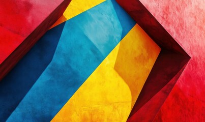 Bold modern art design featuring overlapping geometric shapes in shades of red, blue, and yellow. Clean lines and dynamic tones dominate,