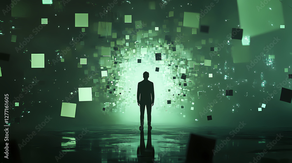 Poster mindful contemplation in the digital realm: a solitary figure stands before a mesmerizing display of