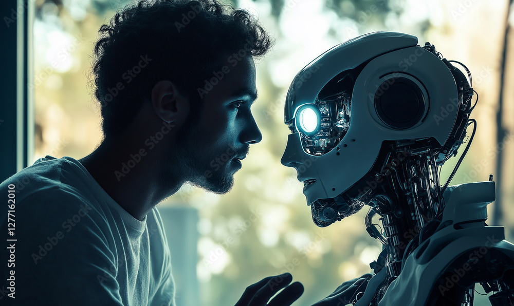 Poster tech developer looking at human robot in workshop