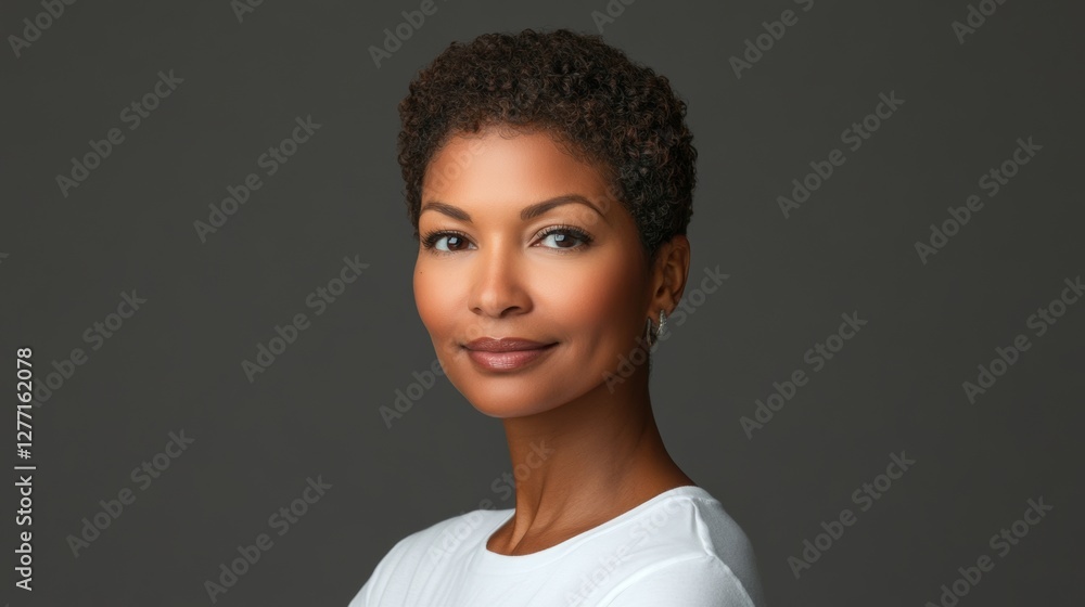 Wall mural An image of a 60-year-old African American woman with short, curly black hair, standing out against a white backdrop