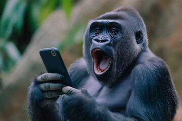 Shocked gorilla surprised wildlife phone, gorilla with smartphone