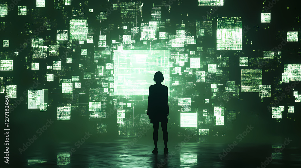Aufkleber navigating the digital labyrinth: a lone figure stands before a pulsating wall of data, lost in thou