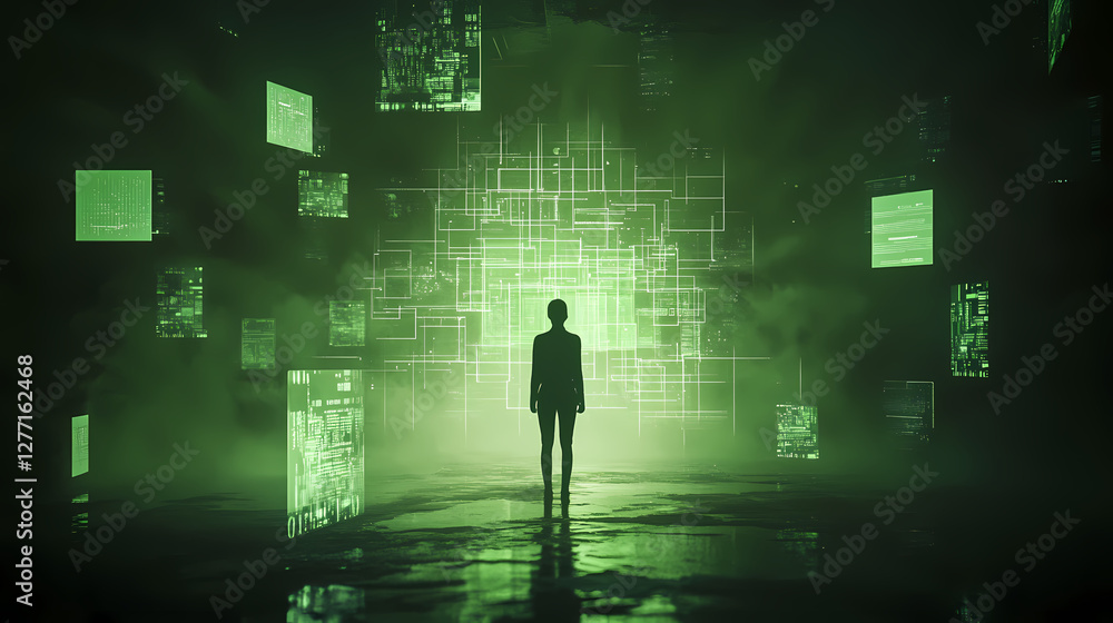 Poster cyber vision: silhouette of person contemplating data streams, immersed in a digital matrix, offerin