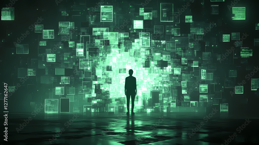 Poster digital realm: a solitary figure stands before a vibrant, immersive digital display, a cascade of da