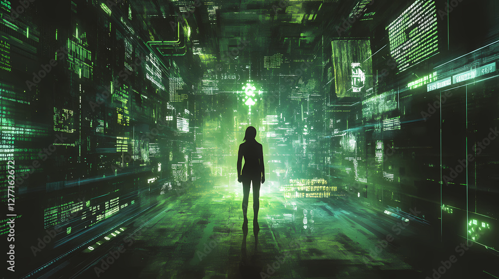 Poster digital frontier: a lone figure stands in the neon-lit core of a vast digital network, gazing into a