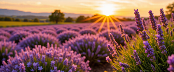 Obraz premium Lavender fields glowing under a golden sunset, creating a serene and tranquil atmosphere, symbolizing relaxation and stress relief