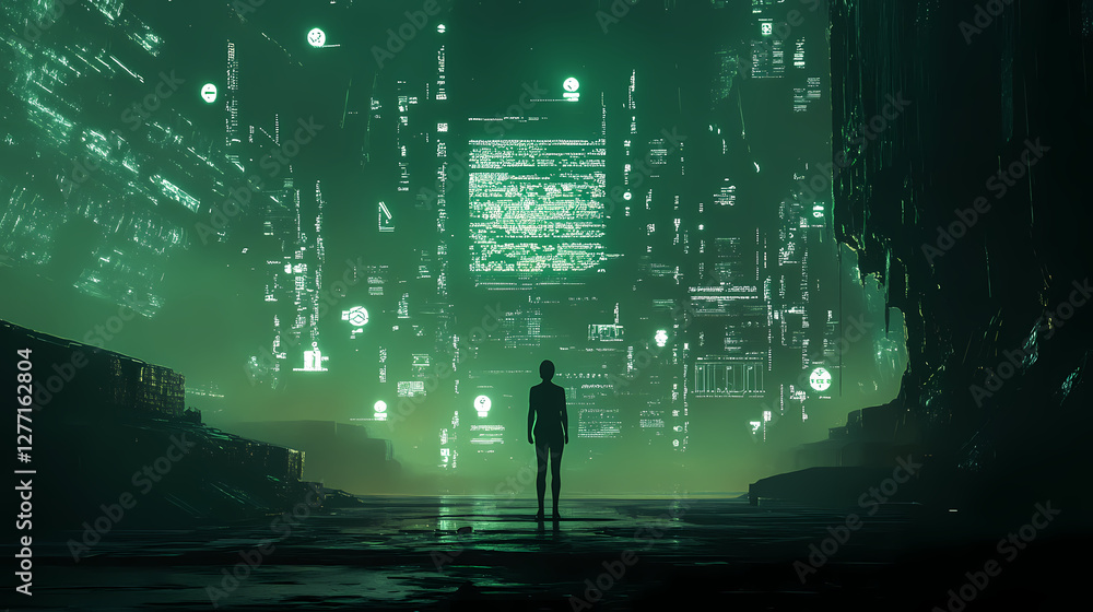 Poster digital frontier: a lone figure stands before a breathtaking landscape of interconnected data stream