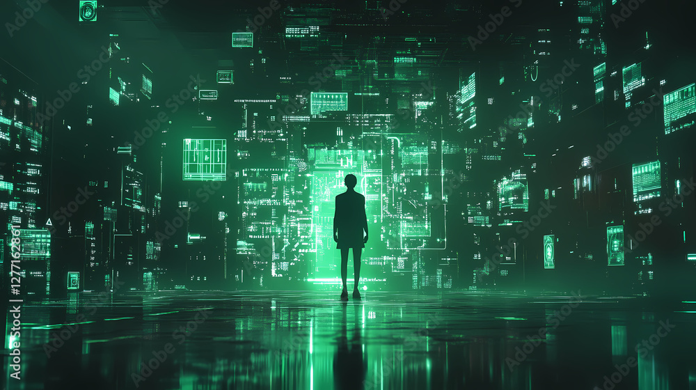 Poster data exploration: a lone figure stands at the gateway to a digital realm, surrounded by a vibrant ma