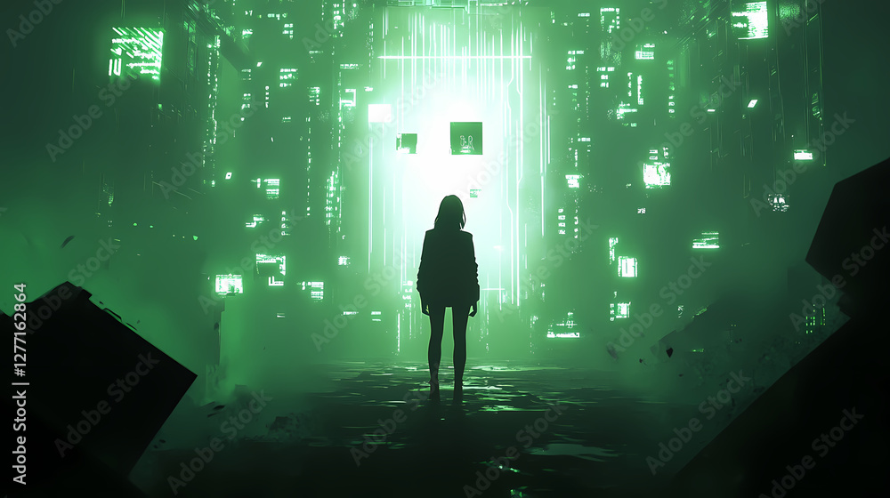 Poster digital frontier: a silhouetted figure stands before a mesmerizing gateway of digital code, illumina