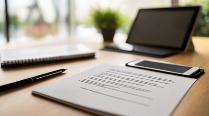 Resignation letter on a desk with a tablet and journal. Featuring professional decision-making and job transition