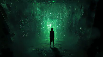 Fototapeta premium Awe-Inspiring Metropolis: A lone figure stands, dwarfed by a futuristic cityscape glowing with neon green. The image encapsulates themes of technology, urban exploration.