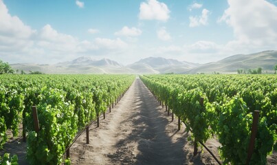 Naklejka premium Vineyard rows stretch toward mountains under a bright blue sky.