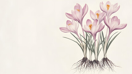 Illustration of crocuses with roots, on a white background
