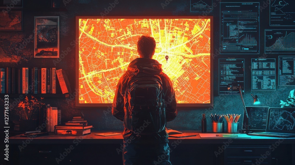 Poster navigating the future: person using holographic map projection on desk surface in 2d flat illustrati