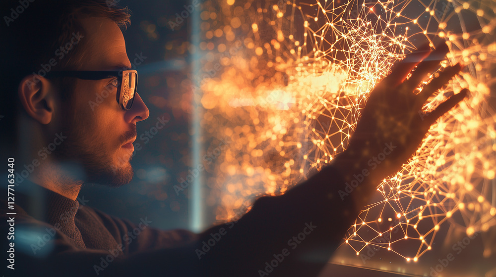 Poster man interacts with futuristic holographic network data visualization